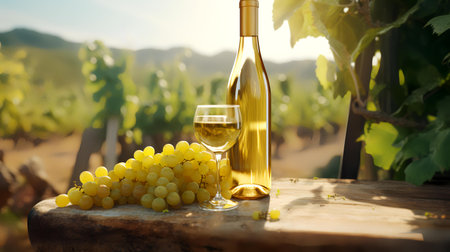 White wine bottle and glass on vineyard background. Winemaking conceptの素材