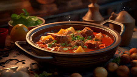 Beef goulash in a clay pot on a wooden tableの素材