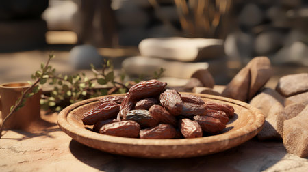 Dried dates fruits in bowl on table in garden, closeupの素材