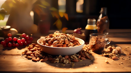 Almond nuts in a bowl on a wooden table in the sunlightの素材