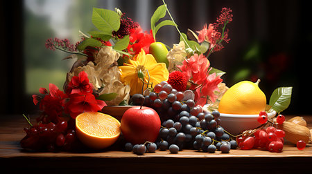 Still life with fruits and flowers on a wooden table in the kitchenの素材