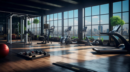 Interior of modern gym with equipment and city view 3D renderingの素材