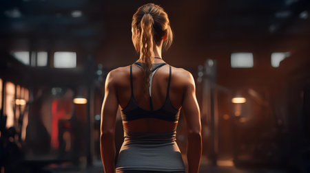 Rear view of a sporty young woman standing in a gymの素材