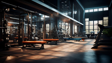 Interior of a fitness hall with equipment. 3d rendering.の素材