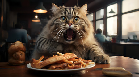 Cute Maine Coon cat is eating a piece of bread in a restaurant.の素材