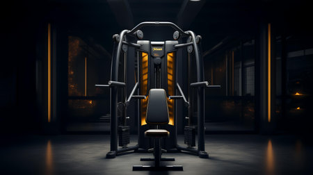 Gym equipment in a dark room. 3D rendering image.の素材