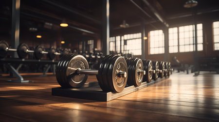 Dumbbells on a stand in a modern gym. 3d renderingの素材