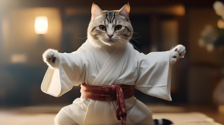Kung fu master in kimono with a white cat.の素材
