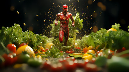 Healthy eating, dieting and nutrition concept - close up of human figure surrounded by fresh vegetablesの素材