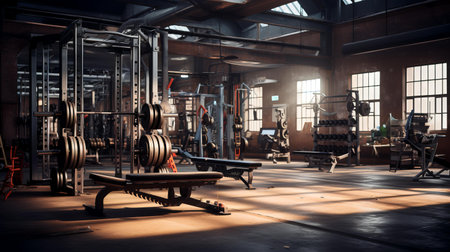 Interior of a fitness hall with row of dumbbells and benchの素材