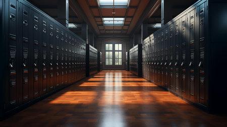3d render of server room with hardwood floor and rows of black lockersの素材