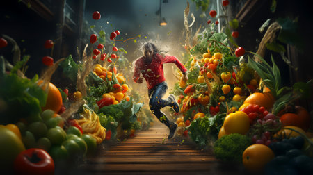 Young woman jumping in a greenhouse full of fresh vegetables. Mixed mediaの素材