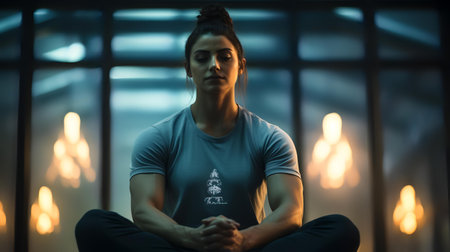 Young woman practicing yoga in a dark room with a lot of lightsの素材