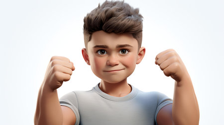 Portrait of a handsome young boy in a T-shirt on a gray background.の素材