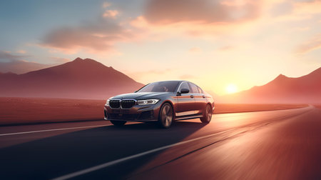 Car driving on the road in the desert at sunset. 3d renderingの素材