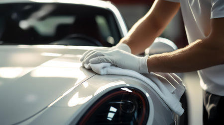 Car polishing series : Worker in white gloves polishes a carの素材