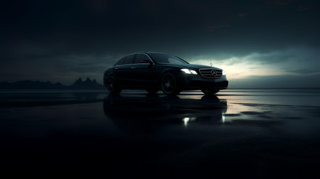 3D rendering of a luxury car on the beach at night.の素材