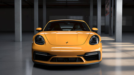 Modern orange sports car coupe in garage. 3d render imageの素材