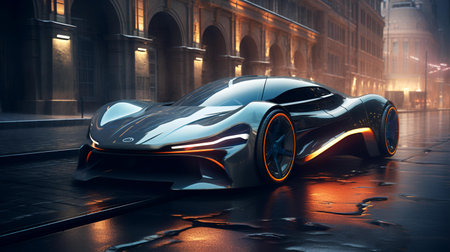 3D rendering of a brand-less generic concept car in the cityの素材
