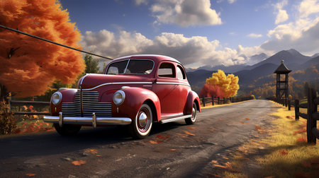 Vintage car on the road in autumn. 3D render.の素材