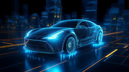 3d rendering of a sports car with neon lights in the backgroundの素材