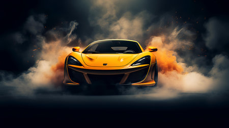 Conceptual image of a sports car with flames in the backgroundの素材
