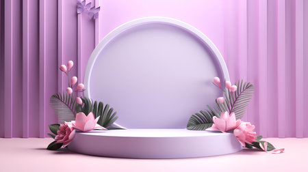 3d render of minimal product display podium with tropical leaves and flowers.の素材