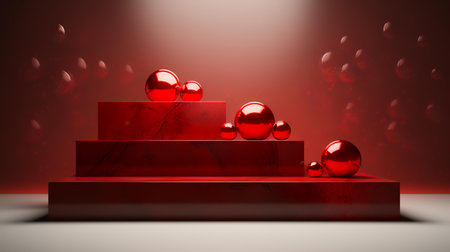 3d render of red podium with red spheres. Abstract background.の素材