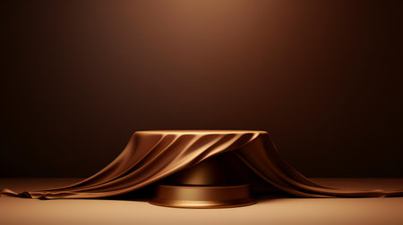 3d render of golden podium with silk drapery on brown backgroundの素材