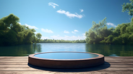 Wooden round table on the background of the lake. 3d renderingの素材