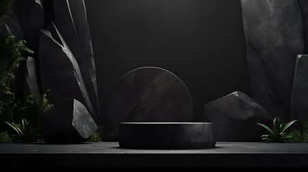 3d render of black podium for product display. Minimal composition.の素材