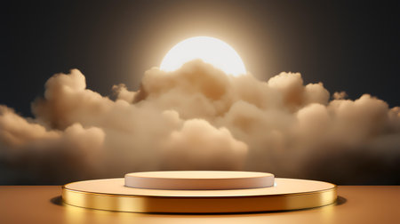 Golden podium with clouds and full moon on background. 3D renderingの素材