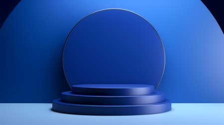 Blue podium on blue background, 3d rendering. Computer digital drawing.の素材