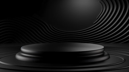 Black podium on a black background. 3d rendering, 3d illustration.の素材