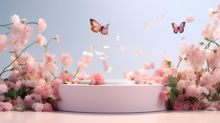 Podium for product presentation with pink flowers and butterflies. 3d renderの素材