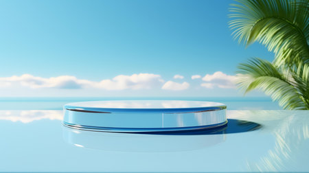 Blue round podium with palm leaves on the background of the sea. 3d renderingの素材