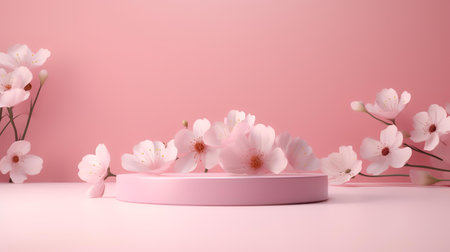 3d render of podium with cherry blossom for product display.の素材