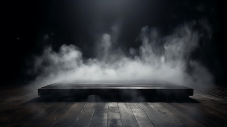 Empty wooden platform in dark room with smoke. 3D Renderingの素材