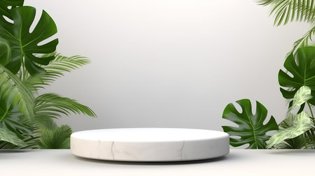 3d render of white marble podium with tropical leaves and plants.の素材