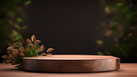 Wooden product display podium on dark background. 3D rendering.の素材