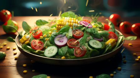 Fresh vegetable salad with corn, tomato, cucumber, lettuce and sweet cornの素材