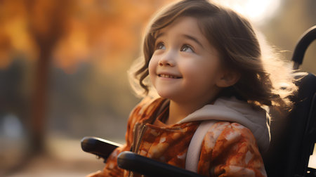 Cute little girl sitting in stroller in park on autumn dayの素材
