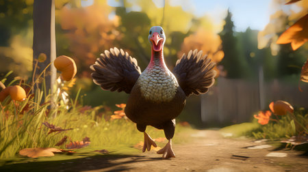 Beautiful turkey in the park on the background of autumn leaves.の素材