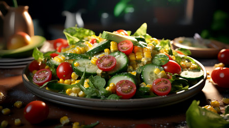 Fresh vegetable salad with corn, cucumber and tomatoes on dark backgroundの素材