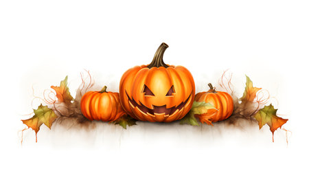 Halloween pumpkins with autumn leaves isolated on white background. Vector illustration.の素材