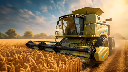 Combine harvester working on a wheat field. 3D renderの素材