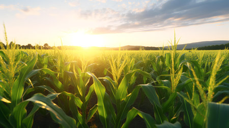 Sunset or sunrise over a corn field with young green plants.の素材