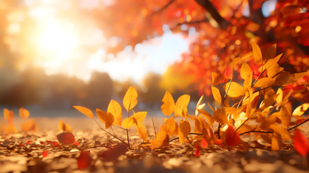Beautiful autumn landscape with colorful leaves on the ground in sunny dayの素材