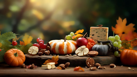 Autumn still life with pumpkins, grapes, nuts and fruits on wooden backgroundの素材