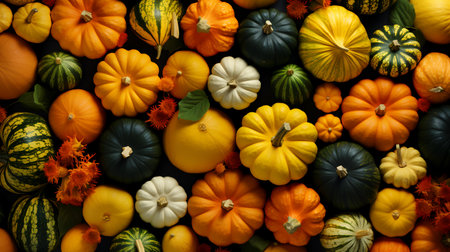 Variety of decorative pumpkins for Halloween background. Top view.の素材